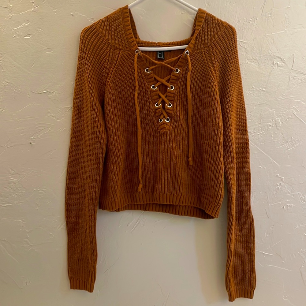 Brown Chunky Knit Lace Up Hooded Sweater - Medium